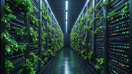 data center with eco-friendly servers and green power solutions, highlighting sustainability in IT infrastructure, reducing carbon footprints and promoting energy efficiency in modern computing