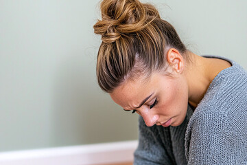 a woman sitting on the floor, back against wall, head bowed. Low-key lighting emphasizes isolation