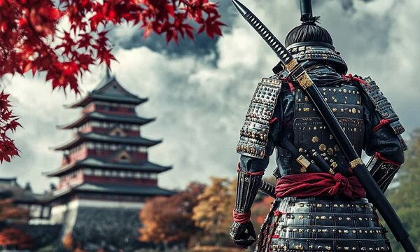 japanese traditional samurai in a red dress with black umbrella in the background.