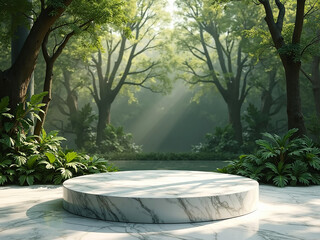 Empty Marble Podium For Product Display With Natural Background