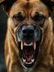Obraz premium Angry dog charging and barking, he looks mean and upset, about to bite an intruder. Close-up portrait, realistic style