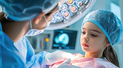 A young girl appears calm during a surgical procedure, surrounded by medical professionals and advanced equipment in an operating room.