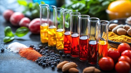 laboratory test tubes alongside various foods symbolizing food sensitivity testing, emphasizing the diagnostic process for identifying food allergies and intolerances