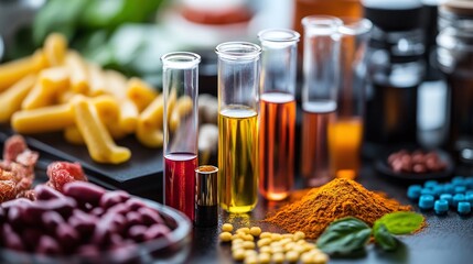 laboratory test tubes alongside various foods symbolizing food sensitivity testing, emphasizing the diagnostic process for identifying food allergies and intolerances