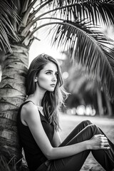 Young woman on the beach sitting. Girl under palm trees back view. Summer vacation. Summertime concept