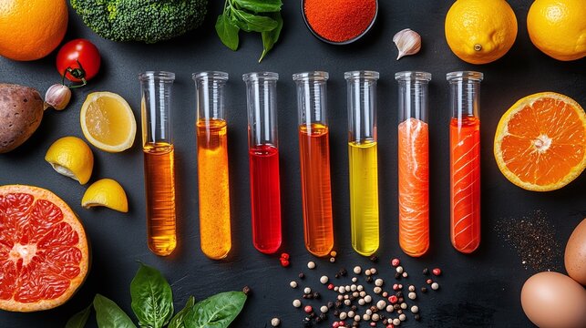 laboratory test tubes alongside various foods symbolizing food sensitivity testing, emphasizing the diagnostic process for identifying food allergies and intolerances