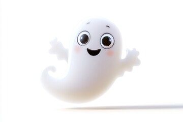 A cheerful cartoon ghost floats isolated on a white background, its big eyes and friendly expression adding a playful touch to the Halloween theme.