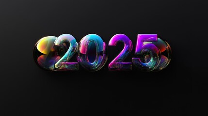 A vibrant 3D representation of the year 2025, showcasing colorful and reflective numbers against a dark background.