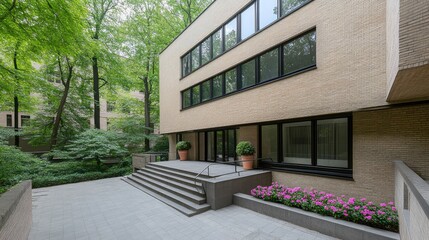 Fototapeta premium A contemporary home features a stone terrace adorned with flower pots, large black-framed windows, and garden views under a clear blue sky, creating a serene outdoor space