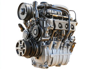Fototapeta premium A compact diesel engine, designed for performance, isolated on a pristine white background, highlighting its detailed mechanics.