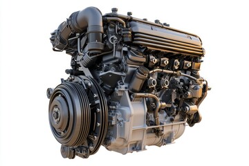 A compact yet powerful diesel engine, isolated on a white background, emphasizing its engineering excellence.