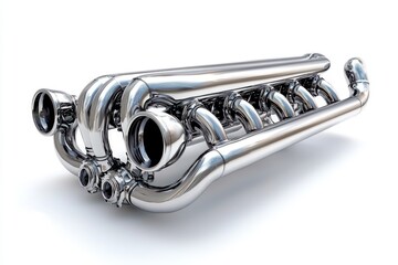 Obraz premium A complex exhaust pipe system, displayed on a clean white background, emphasizing its streamlined design.