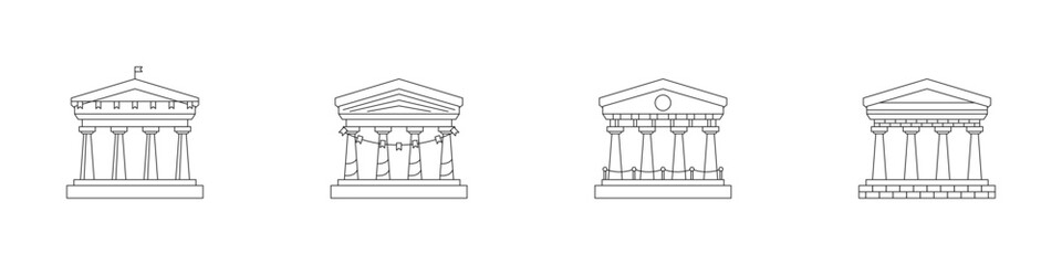 A set of ancient Roman and Greek buildings. Collection of bank icons. Theater linear set. Outline icons of ancient columned buildings. The classical building is the Temple of Artemis of Ephesus.