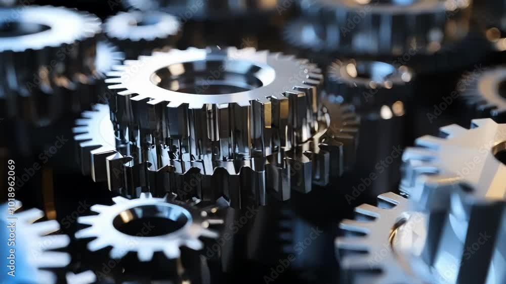 Poster multiple metallic gears are interlocked and working together, showcasing the precision and complexit