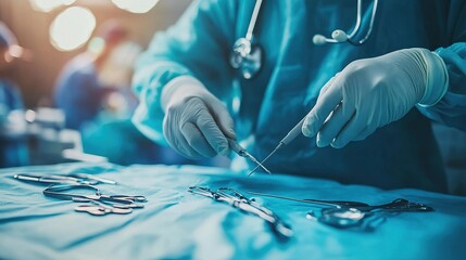 A surgeon prepares surgical instruments on a sterile table, showcasing a focused medical environment with operating staff in the background.