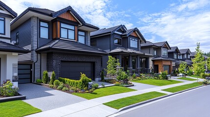 suburban neighborhood with modern homes for sale, highlighting a booming real estate market with high demand for family homes and luxury living