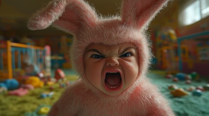 A baby in a fuzzy pink bunny rabbit outfit screaming in a colorful playroom, conveying anger on Easter Sunday