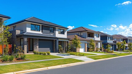 suburban neighborhood with modern homes for sale, highlighting a booming real estate market with high demand for family homes and luxury living