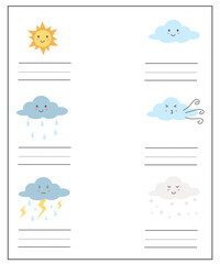 Write the weather words activity for kids, weather worksheet, how is the weather printable for preschool or kindergarten 