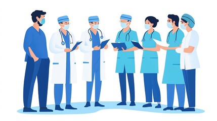 A group of healthcare professionals in scrubs and masks discussing medical information, emphasizing teamwork and patient care in a clinical setting.