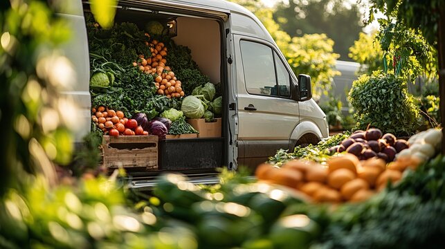 local farmer delivering farm-fresh organic produce including vegetables, fruits, and greens to homes in a branded delivery van, promoting natural, healthy, and sustainable food