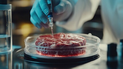 laboratory research showcasing cultured meat in a petri dish, representing a breakthrough in sustainable food technology and alternative protein solutions