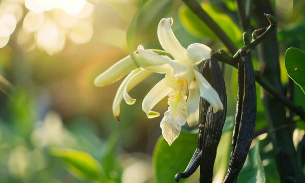 vanilla beans and flowers on vanilla plant on tree	hand shaking camera
