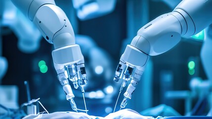 Robotic arms performing surgery in a high-tech medical environment, showcasing precision and advanced technology in healthcare.