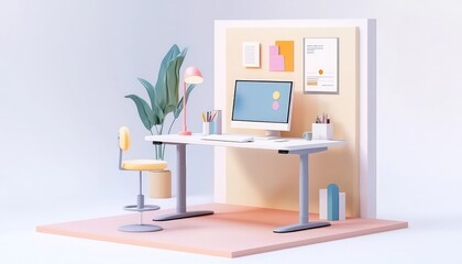 Isometric 3D render a study room with a standing desk, ergonomic stool, and motivational posters, on a white isolated background.