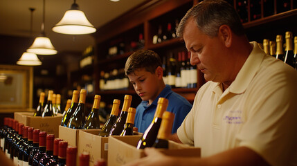 generational business, father and son carefully arranging wine bottles from newly delivered boxes onto shop shelves
