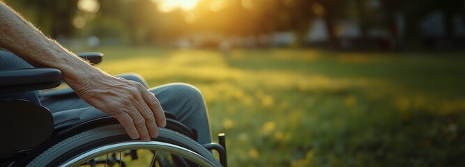 A senior person with a disability in a wheelchair enjoys a peaceful moment outdoors showing health for handicapped people who are disabled and elderly