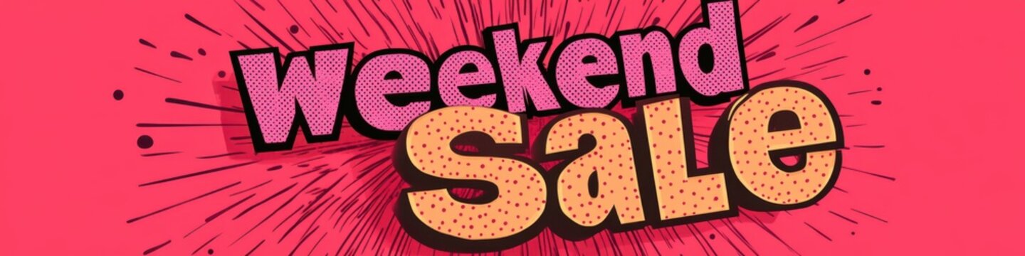 Vibrant weekend sale banner with bold and colorful retro graphic design.