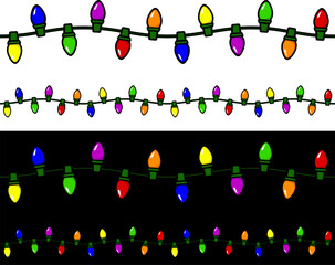 Vector illustration of a string of holiday lights against a white and a black background. Strings can be joined end to end seamlessly to make longer strings.