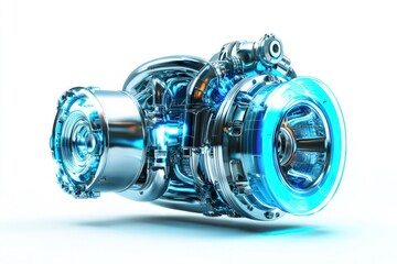 A high-tech turbo engine, with a neon blue glow, isolated on a clean white background, emphasizing speed and efficiency.