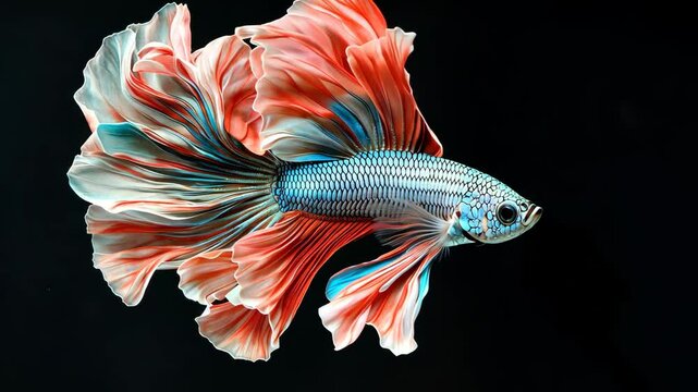 A colorful Siamese fighting fish with long, flowing fins swims against a black background