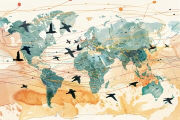 an illustrated map showing migratory bird routes across continents