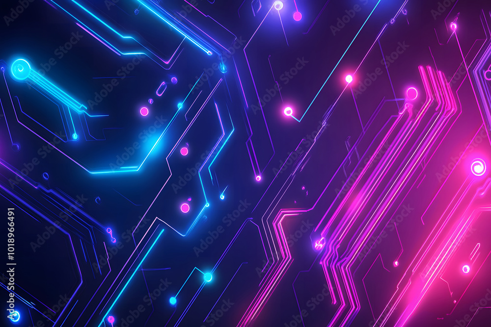 Poster blue and purple background design with futuristic circuit board elements and neon light borders for 