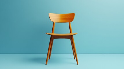 A wooden chair is sitting in front of a blue wall