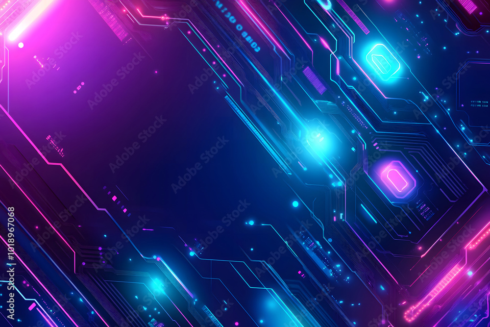 Poster blue and purple background design with futuristic circuit board elements and neon light borders for 