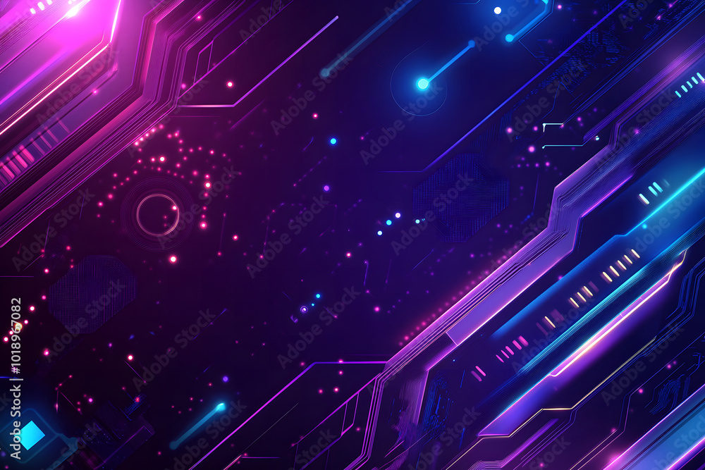 Poster blue and purple background design with futuristic circuit board elements and neon light borders for 