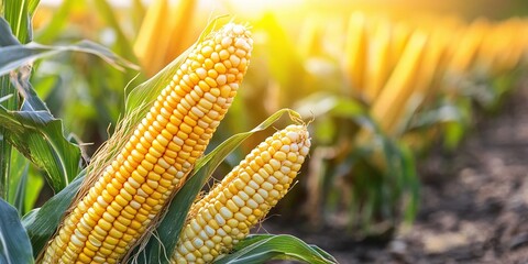 corn cobs growing in rows in a plantation field, symbolizing the essential role of agriculture and crop production in rural farming communities
