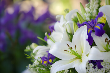 Sympathy Bouquet with White and Purple Flowers: A serene bouquet of white lilies, purple irises, and greenery, designed for sympathy or memorial services, conveying elegance and compassion