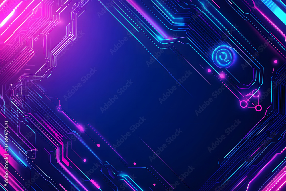 Poster blue and purple background design with futuristic circuit board elements and neon light borders for 