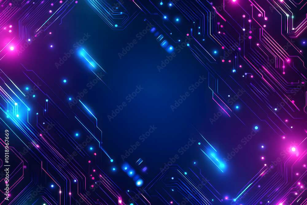 Poster blue and purple background design with futuristic circuit board elements and neon light borders for 