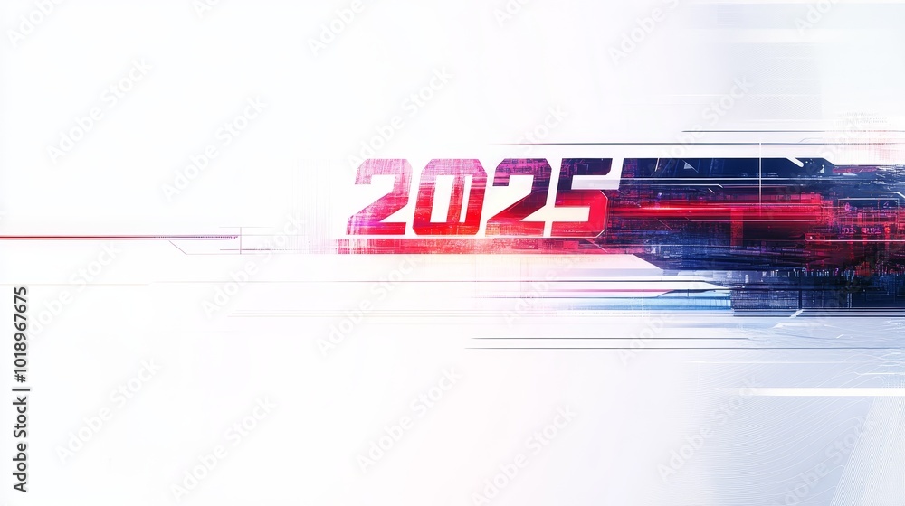 Poster a futuristic graphic featuring the year 2025, emphasizing technology and progress through dynamic de