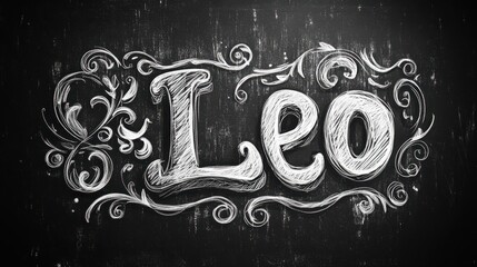 Intricate chalkboard art featuring the name 'Leo' with decorative flourishes.