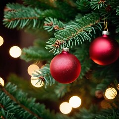 Sparkling ornament balls in vibrant red and gold hang from a lush spruce tree branch. Soft, warm lights twinkle enhancing festive spirit of Christmas. Happy New Year. Anamorphic  bokeh. Generative AI