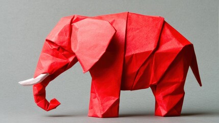 A red origami elephant with white tusks standing on a gray background, AI