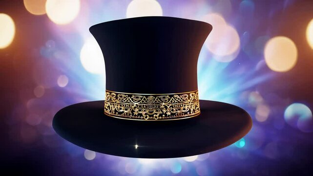 Black hat top hat of wizard and magician hovers gracefully as golden lights twinkle in the background, creating a festive atmosphere perfect for an enchanting evening.