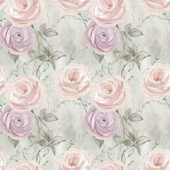 Delicate Watercolor Roses in Soft Pastel Hues on Pale Grey Background